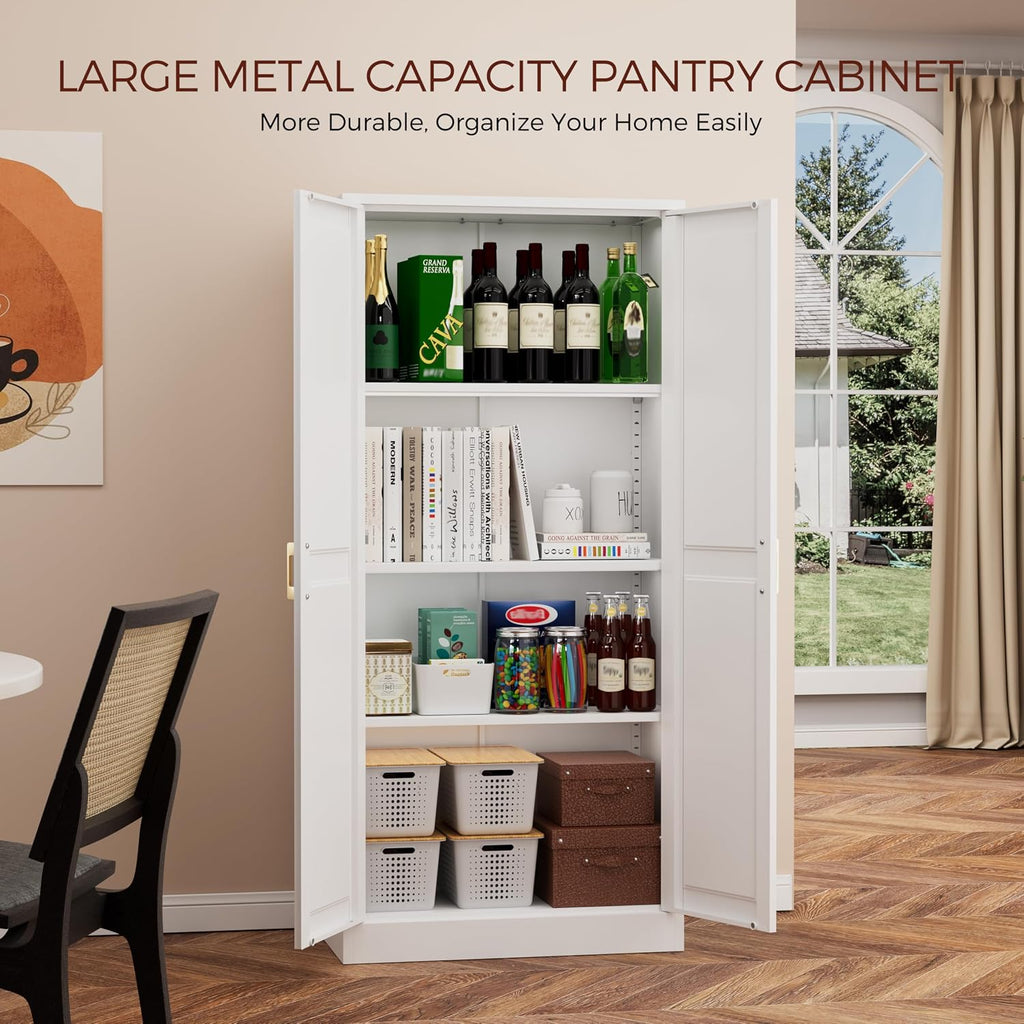 60' Tall Metal Pantry Cabinet, White Kitchen Pantry Storage Cabinet with 3 Adjustable Shelves and Gold Handles, Cupboard for Kitchen, Dining Room, Living Room, Bathroom