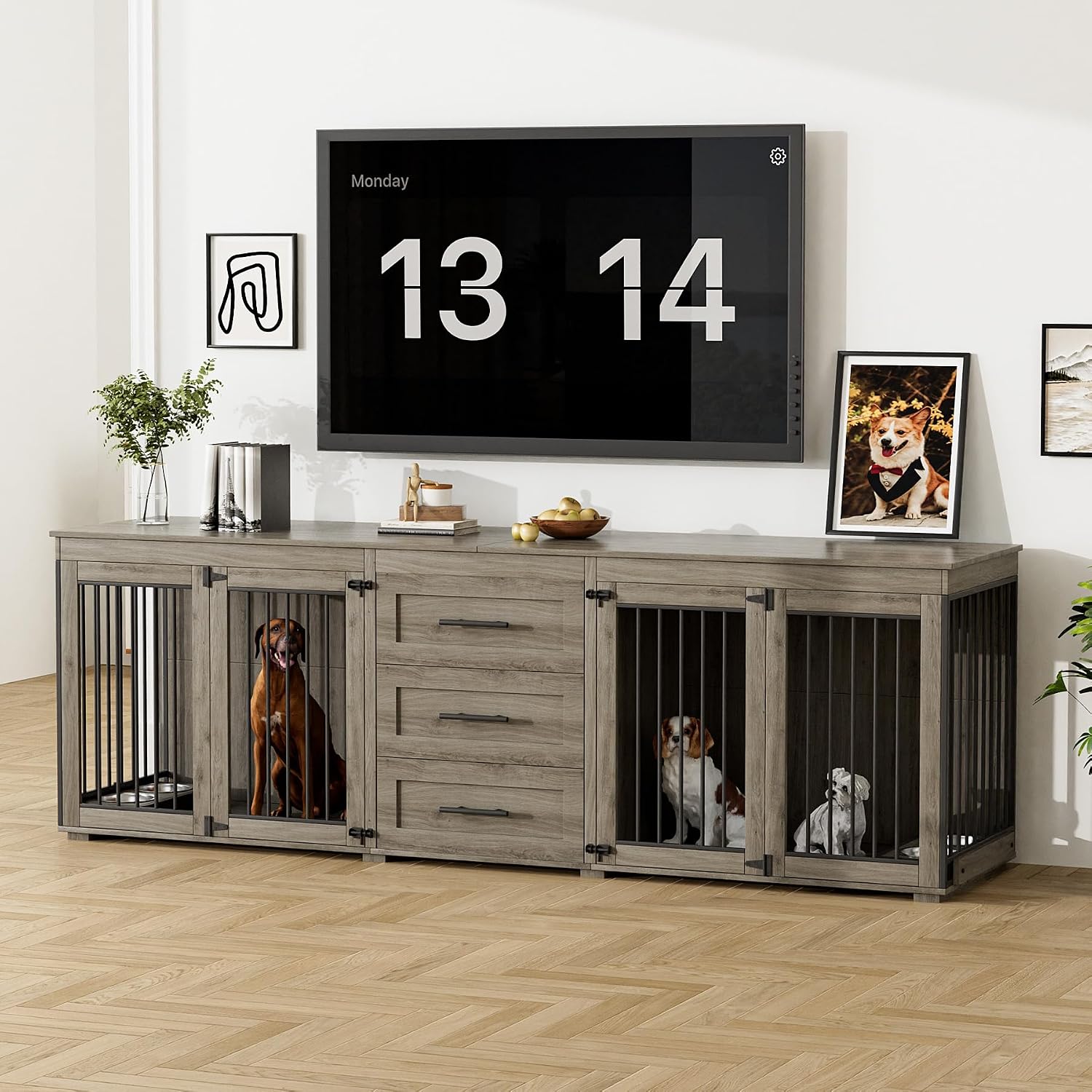 Rophefx 94.5' Dog Crate Furniture for 2 Dogs, Large Dog Kennel Furniture with 3 Storage Drawer, Wooden Dog Cage with 4 Bowls, Indoor Dog House TV Stand with Locks for Large Medium Dog, Grey
