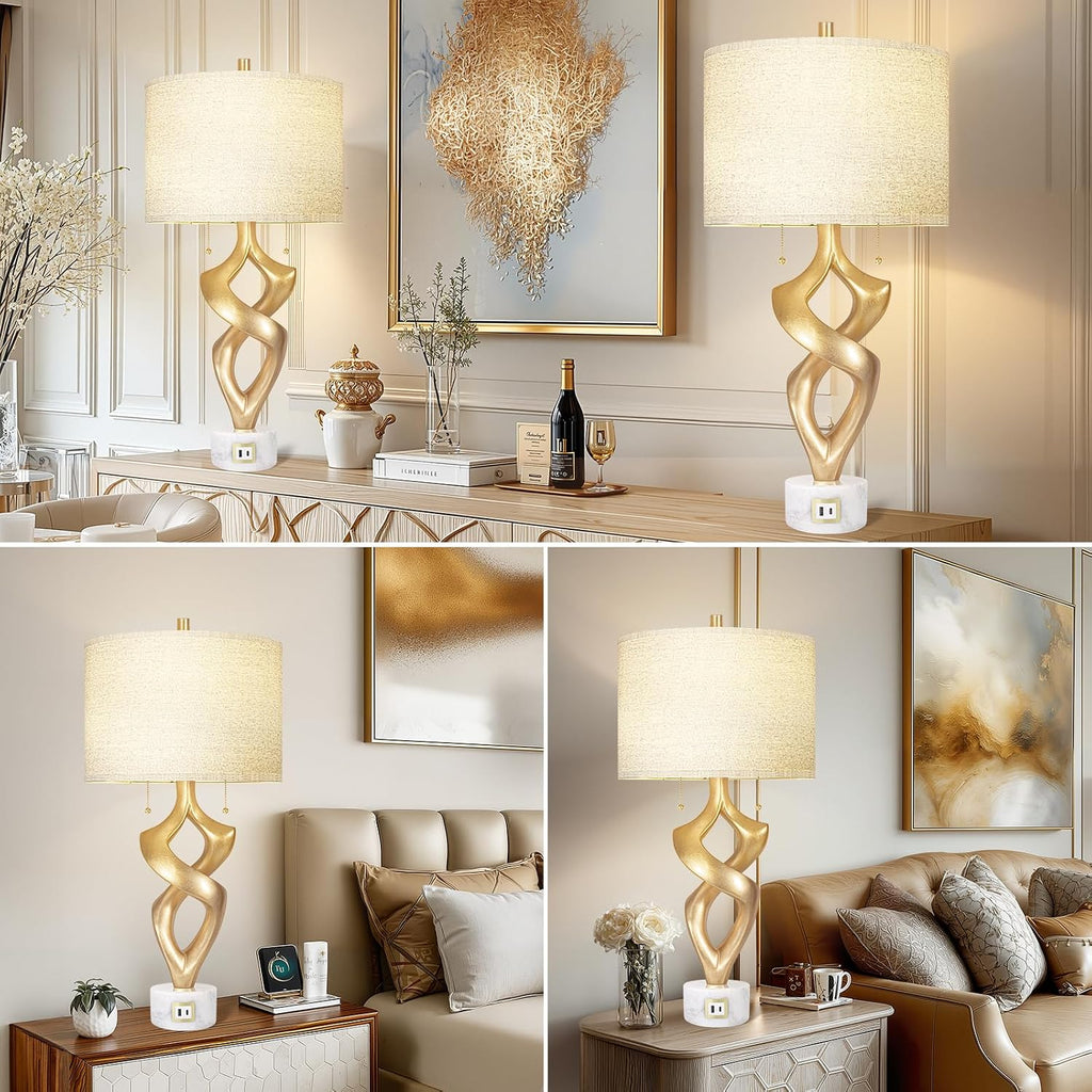 Scenekoy Sculptural Resin Table Lamp Set of 2 with USB Ports for Bedroom Living Room, 31' Big Gold Leaf Marble Base Bedside Lamps, Pull Chains Switch Modern Nightstand Lamp for Home Room Decor