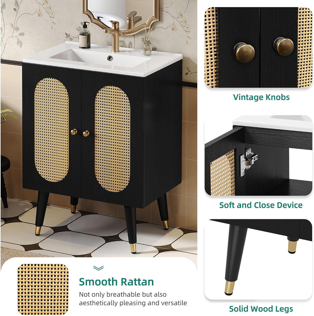 DWVO 24 Inch Rattan Vanity with Sink, Small Freestanding Bathroom Vanity Cabinet, Boho Style with 2 Large Soft-Closing Doors & Four-Sided Water Barrier Strip, Black