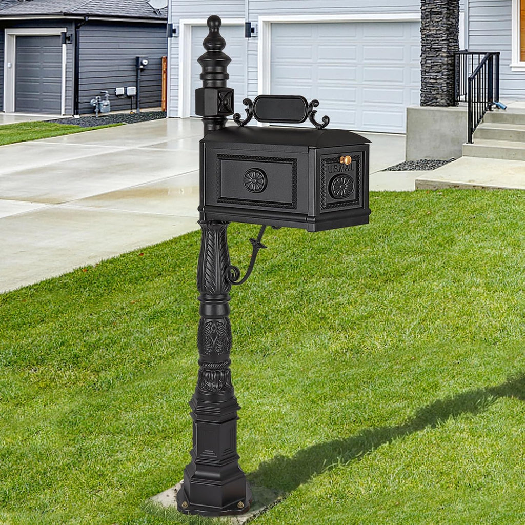 Heavy Duty Mailbox Classic Decorative Cast Aluminum Mail Box Postal Vertical Pedestal (Black)