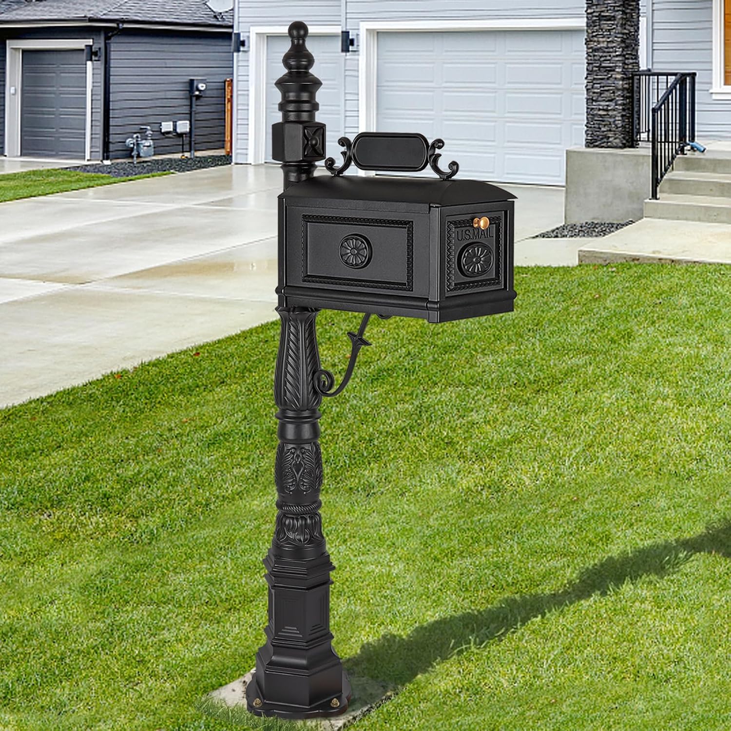 Heavy Duty Mailbox Classic Decorative Cast Aluminum Mail Box Postal Vertical Pedestal (Black)
