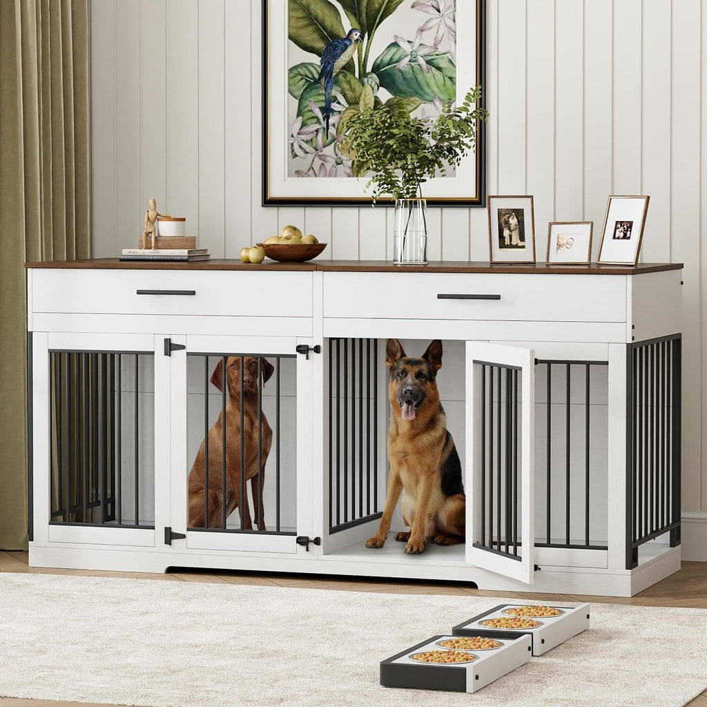 Rophefx 72' Dog Crate Furniture for 2 Dogs, Large Dog Kennel Furniture with 2 Storage Drawer and Removable Divider, Wooden Dog Cage with 4 Bowls, Indoor Dog House TV Stand for Medium Dog, White