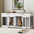 Rophefx 72' Dog Crate Furniture for 2 Dogs, Large Dog Kennel Furniture with 2 Storage Drawer and Removable Divider, Wooden Dog Cage with 4 Bowls, Indoor Dog House TV Stand for Medium Dog, White