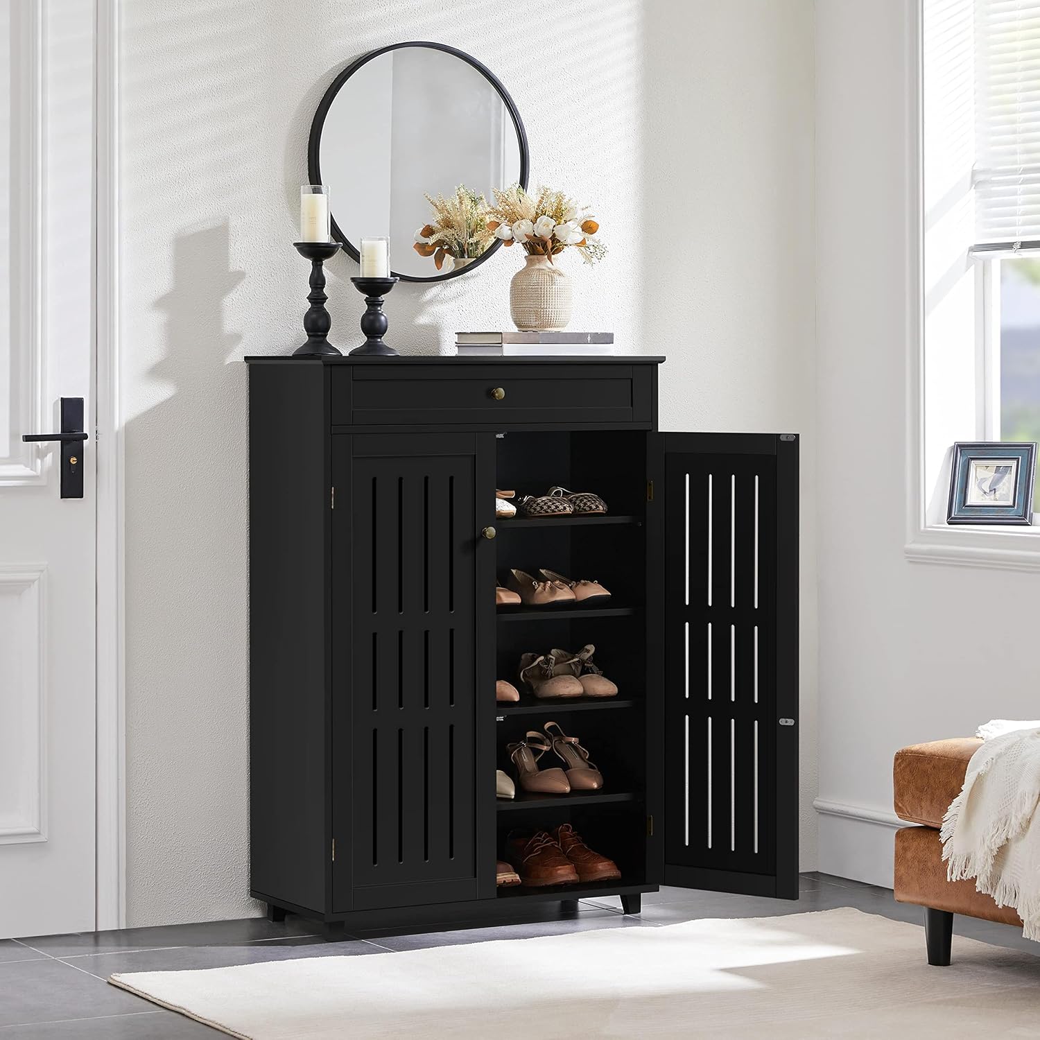 Topeakmart Shoe Rack Storage Cabinet Shelf 5 Tier Adjustable Shoes Organizer with Drawer Louvered Door for Entryway Hallway Furniture Living Room Black