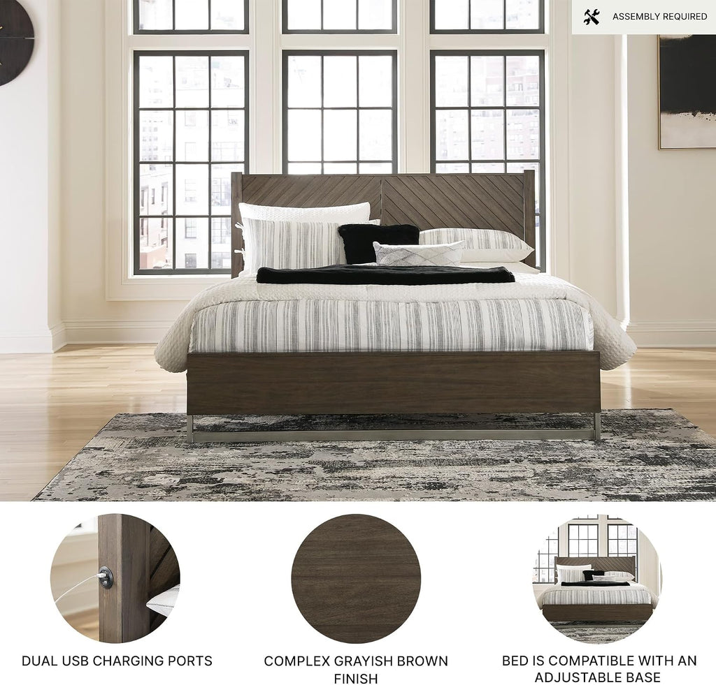Signature Design by Ashley Arkenton Contemporary King Panel Bed with Dual USB Charging Ports, Foundation or Box Spring Needed, Dark Brown
