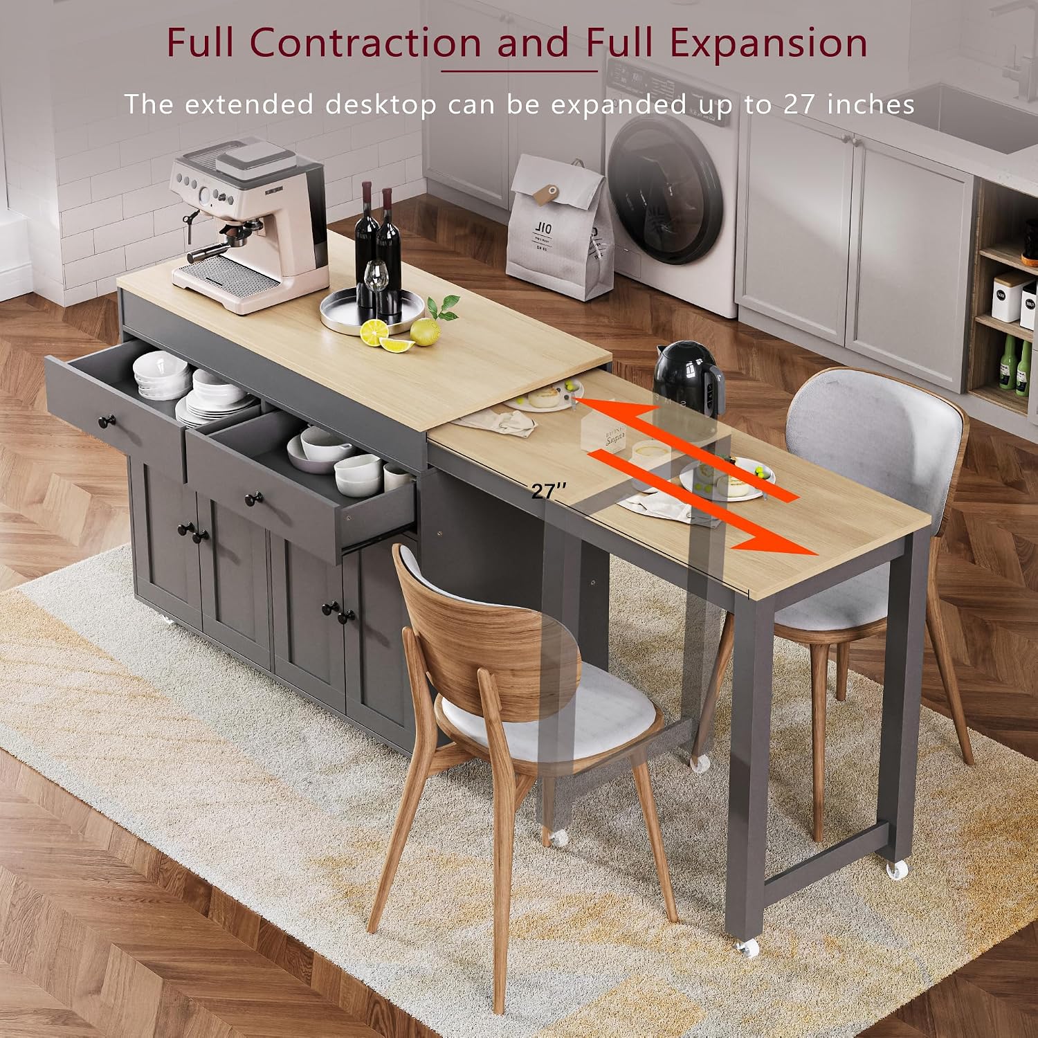 RUNNA 74.5 inch Modern Grey Kitchen Island with Extendable Dining Table, Rolling Storage Cart with 4 Door Cabinet, Spice Rack, 2 Drawers, for Kitchen, Dining Room