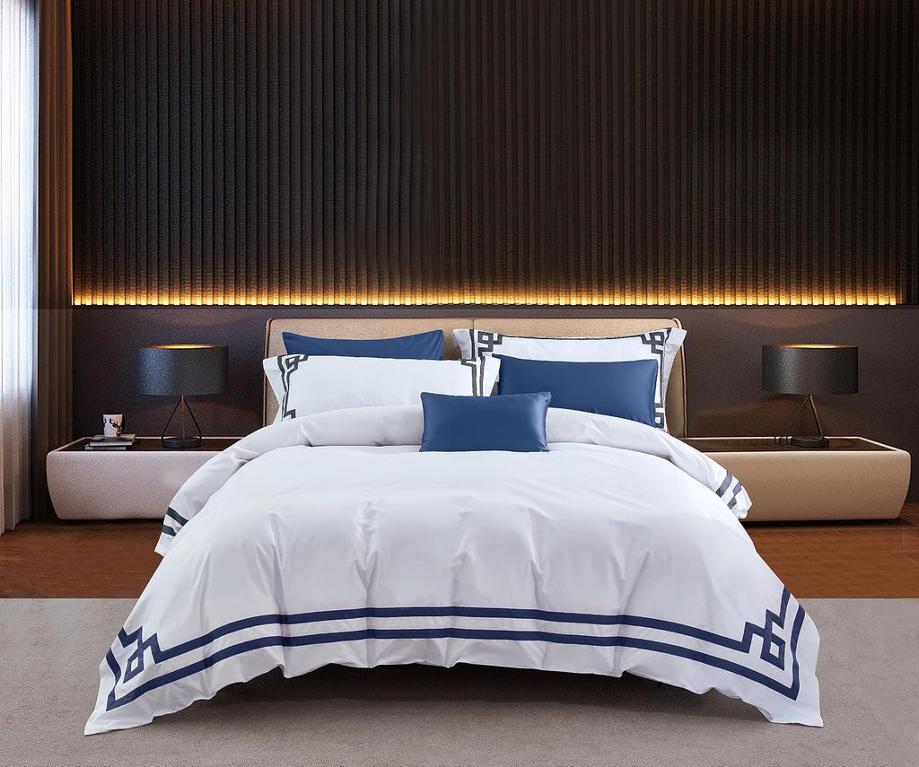 3 Pcs Do Not Include Filling Duvet Cover Set 100% Egyptian Cotton Sateen Luxury 400 TC (White Navy, Full)