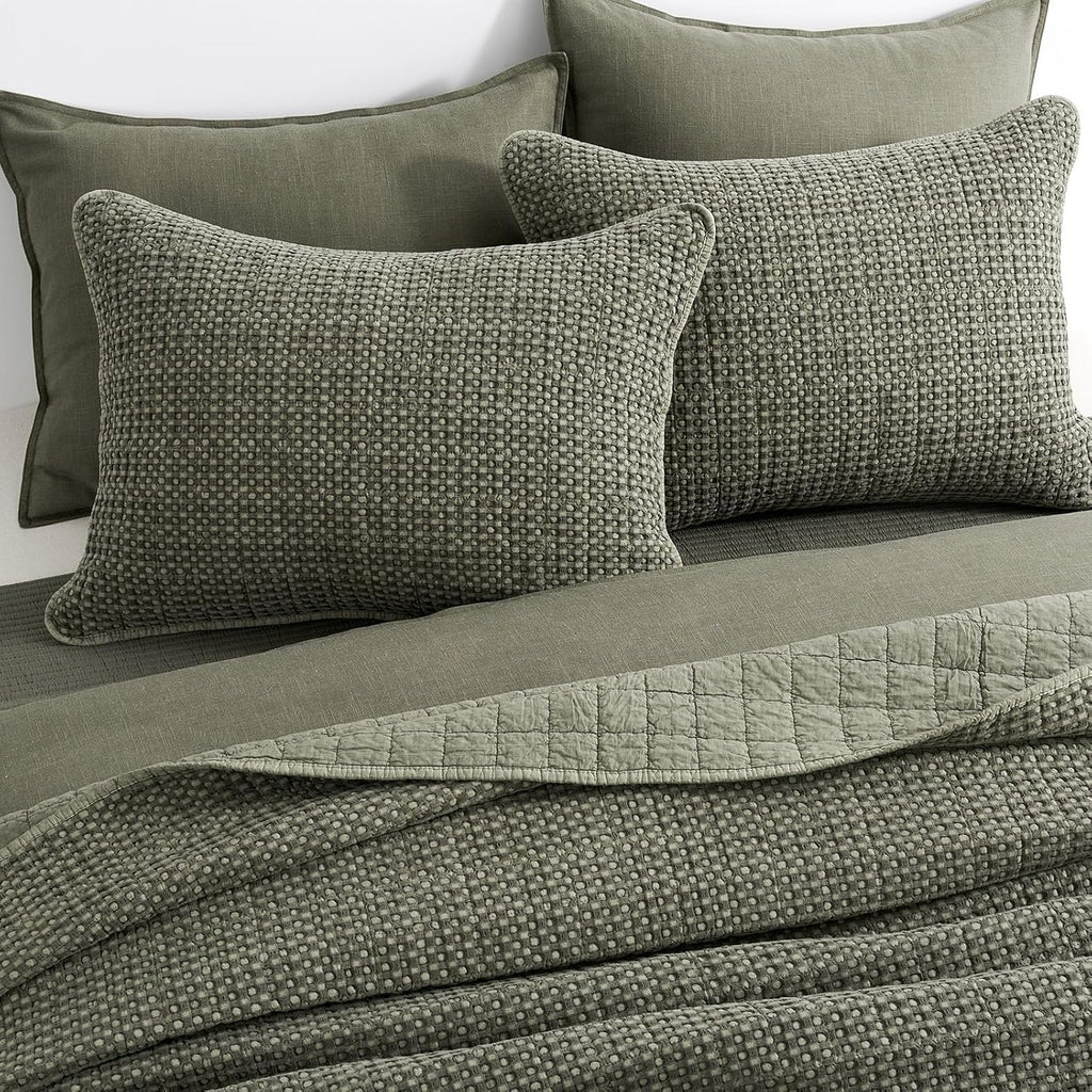 EverGrace Stonewashed 100% Natural Cotton Waffle Quilt Set Queen Size 3 Pieces, Durable, Textured & Substantial Bedding, Quilted Coverlet Bedspread with 2 Shams for All Seasons, Olive Green