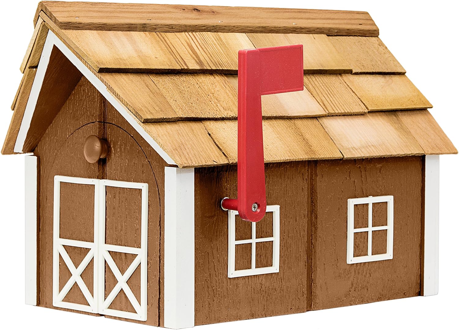 Amish-Made Deluxe Post Mount Wooden Mailbox with Cedar Shingles (Chestnut with White Trim)