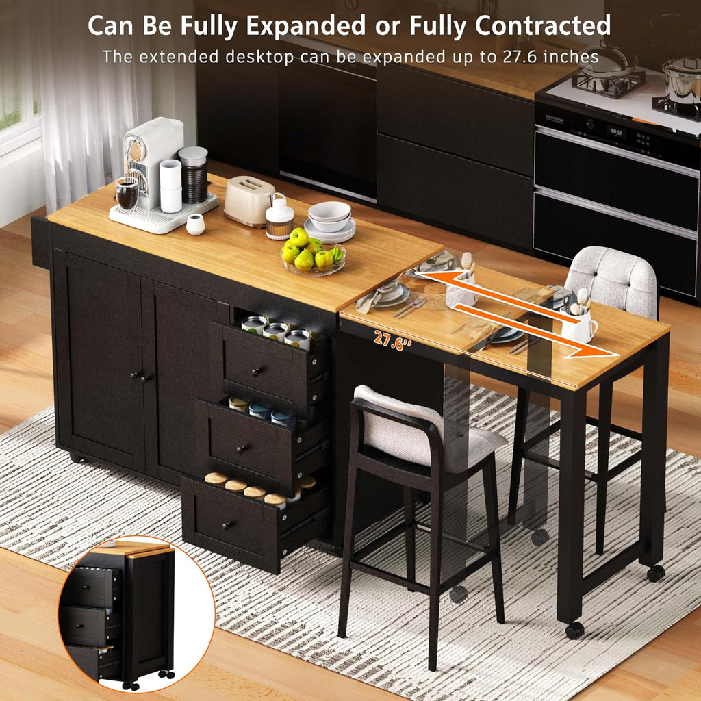 RUNNA Kitchen Island with Extendable Dining Table,Storage Cart with 3 Drawers,Power Outlet,Rolling Island on Wheels with Spice Rack and 2 Door Cabinet,for Kitchen (Black@01)
