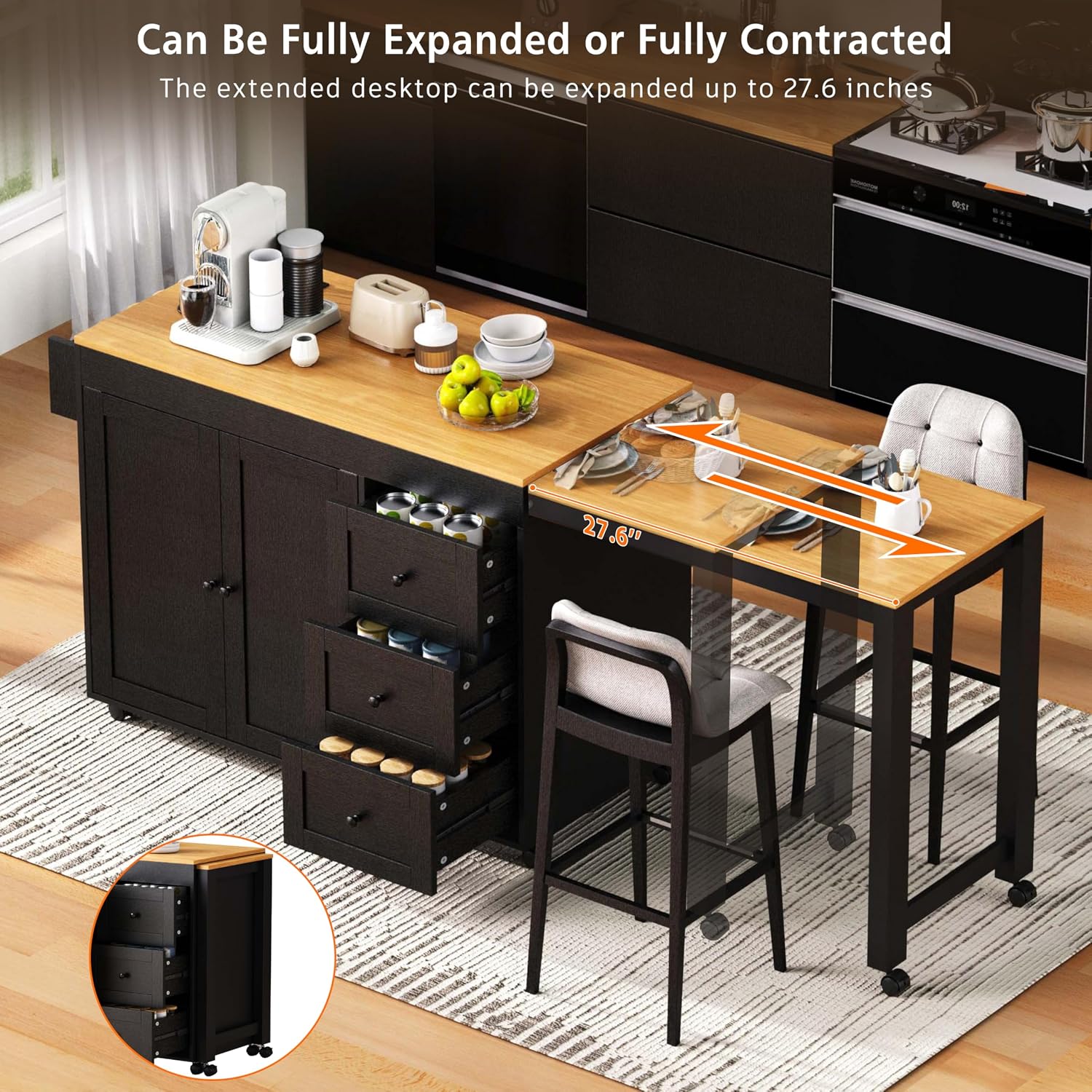 RUNNA Kitchen Island with Extendable Dining Table,Storage Cart with 3 Drawers,Power Outlet,Rolling Island on Wheels with Spice Rack and 2 Door Cabinet,for Kitchen (Black@01)