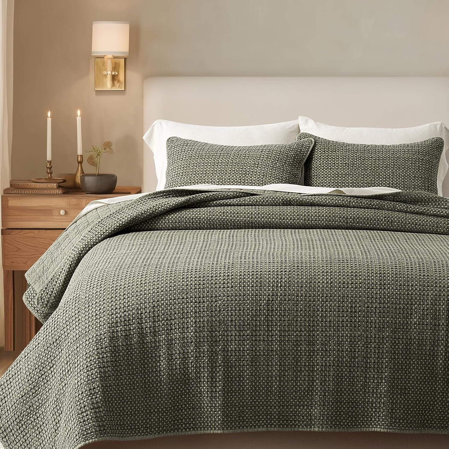 EverGrace Stonewashed 100% Natural Cotton Waffle Quilt Set Queen Size 3 Pieces, Durable, Textured & Substantial Bedding, Quilted Coverlet Bedspread with 2 Shams for All Seasons, Olive Green