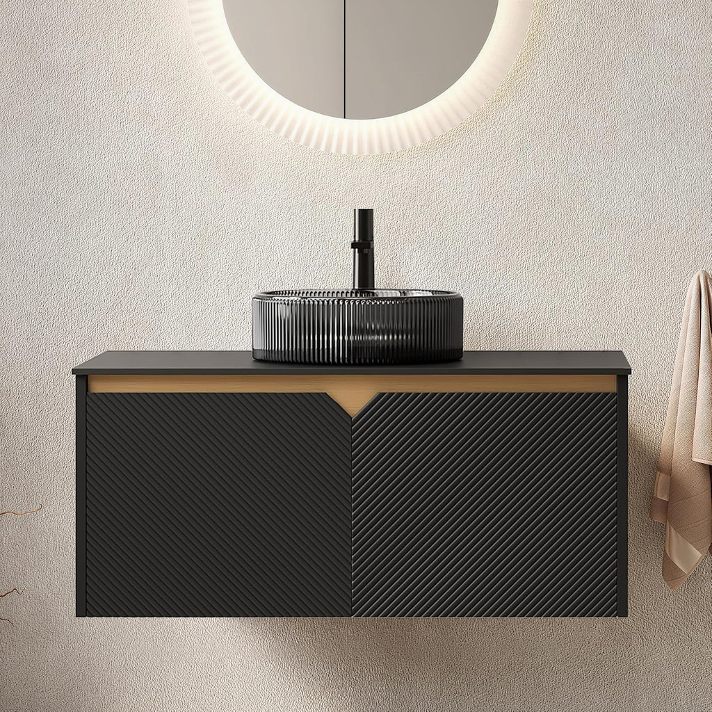36 Inch Bathroom Vanity with Sink, Floating Fluted Vanity with Vessel Sink, Modern Bathroom Vanity Cabinet with 2 Doors with Metal Trim, Round Glass Sink & Sintered Stone Top, Black
