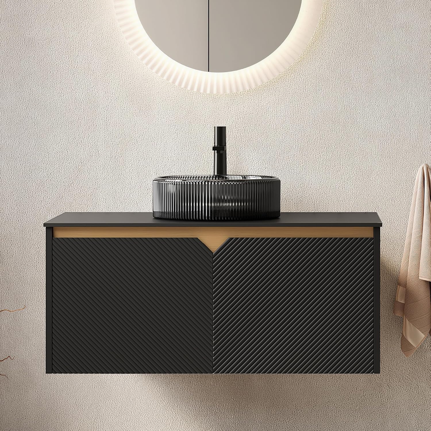 36 Inch Bathroom Vanity with Sink, Floating Fluted Vanity with Vessel Sink, Modern Bathroom Vanity Cabinet with 2 Doors with Metal Trim, Round Glass Sink & Sintered Stone Top, Black