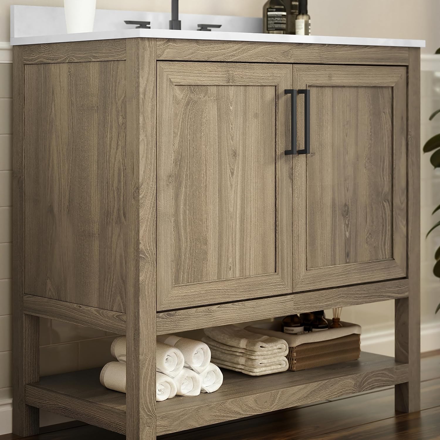 Flash Furniture Vega 36 Inch Bathroom Vanity with Sink Combo, Storage Cabinet with Soft Close Doors and Open Shelf, Carrara Marble Finish Countertop, Brown/White