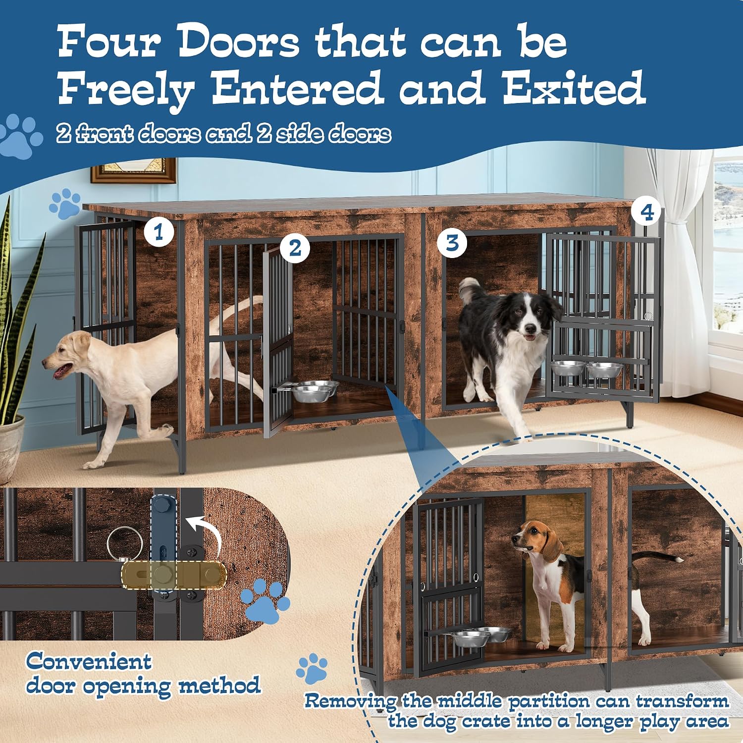 Grepatio 79' Double Dog Crate Furniture, Large Dog Kennel for 2 Dogs, Indoor Wooden Crate with Rotating Feeder Bowls and 4 Doors, Heavy Duty Dog House TV Stand with Removable Divider