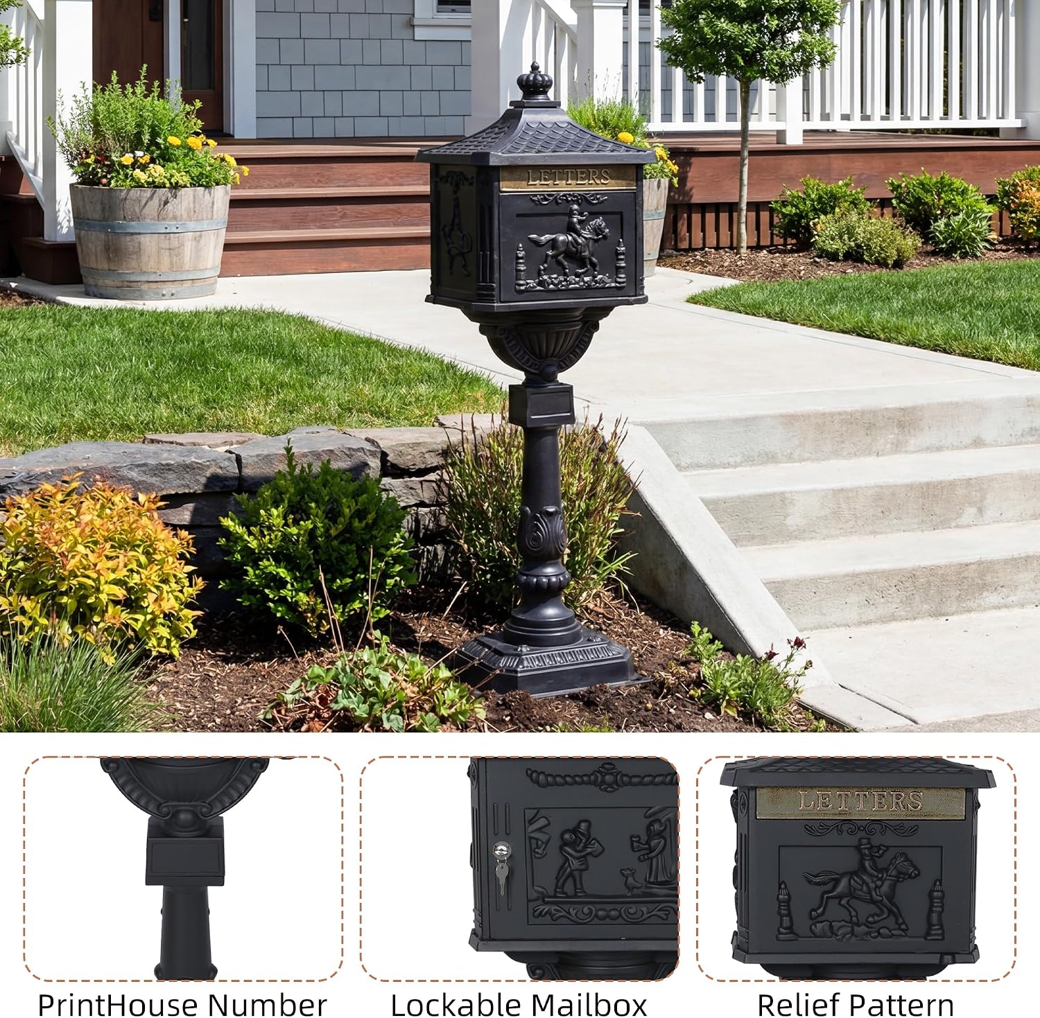 Cast Aluminum Locking Mailbox, Heavy Duty Security Postal Box, Retro Mid-Century Outdoor Mailbox with Key Lock, Weatherproof Anti-Theft Design, Easy Installation, Black