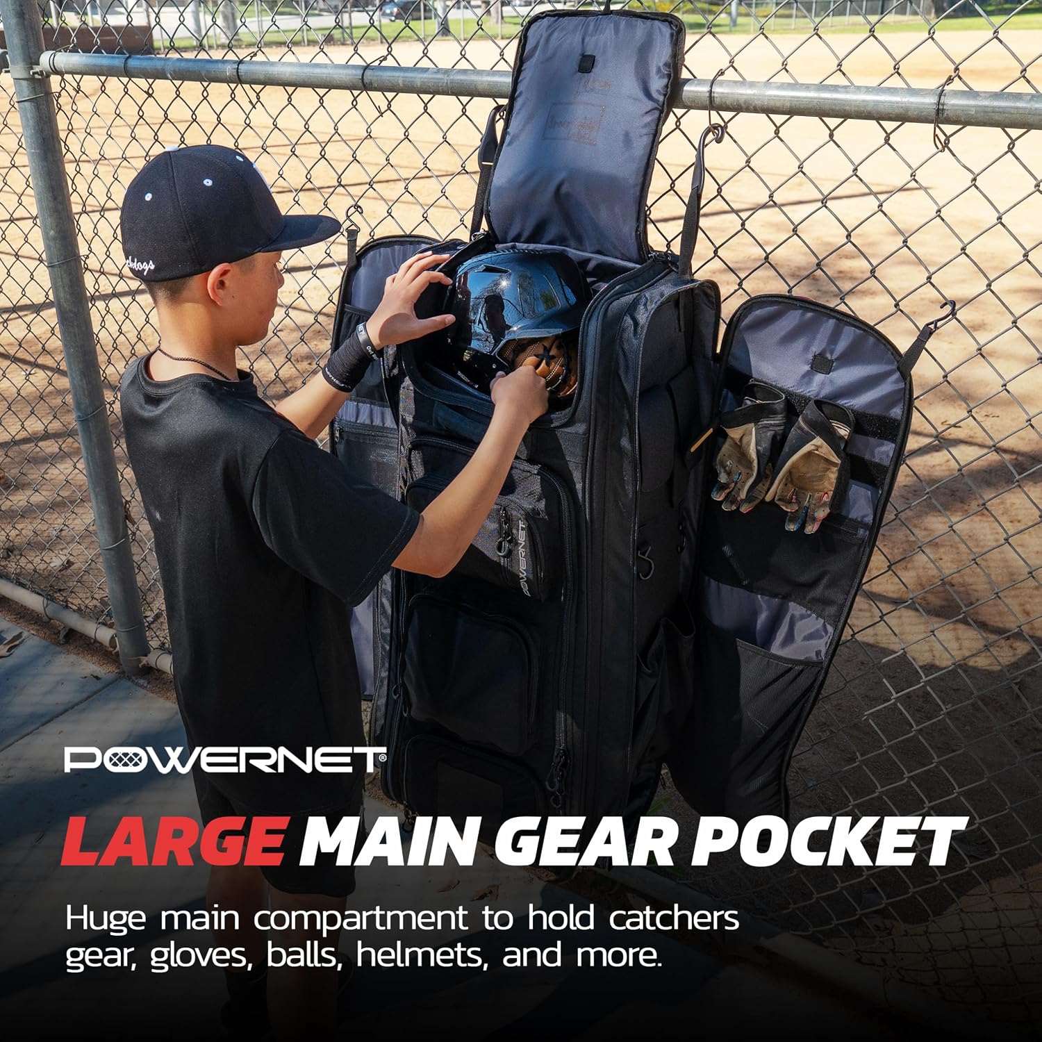 PowerNet Optimus Catcher's Bag, Rolling Equipment Bag Holds All Baseball & Softball Gear, 7 Internal Bat Sleeves, Cleat Compartment, Personalization Panel & Hooks