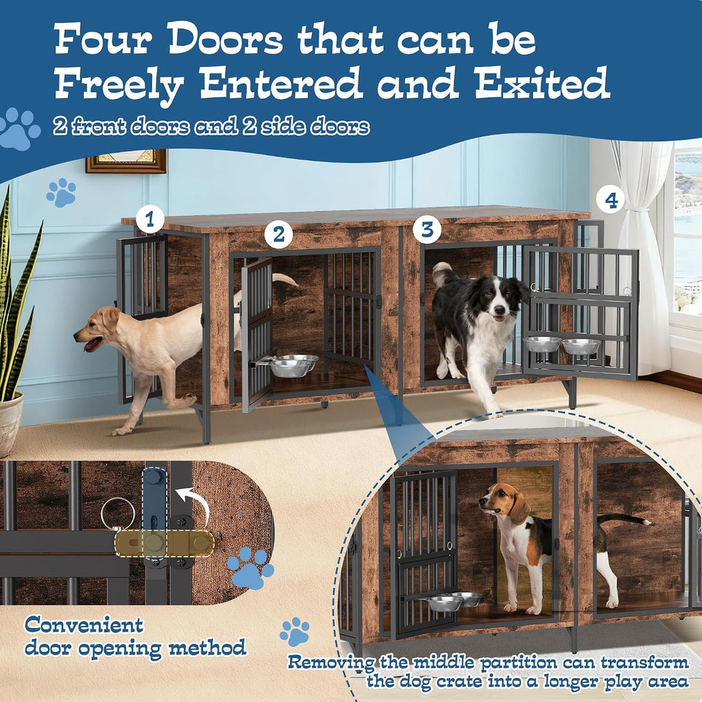 Grepatio 63' Double Dog Crate Furniture, Large Dog Kennel for 2 Dogs, Indoor Wooden Dog Crate with Rotating Feeder Bowls and 4 Doors, Heavy Duty Dog House TV Stand with Removable Divider
