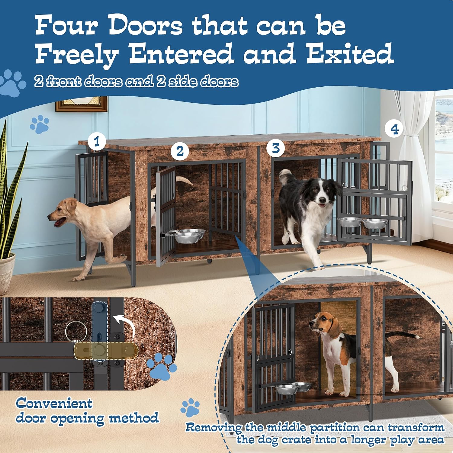 Grepatio 63' Double Dog Crate Furniture, Large Dog Kennel for 2 Dogs, Indoor Wooden Dog Crate with Rotating Feeder Bowls and 4 Doors, Heavy Duty Dog House TV Stand with Removable Divider