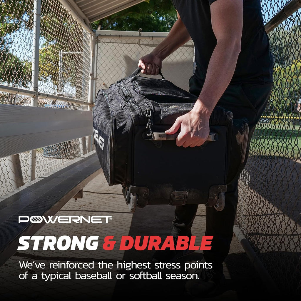 PowerNet Optimus Catcher's Bag, Rolling Equipment Bag Holds All Baseball & Softball Gear, 7 Internal Bat Sleeves, Cleat Compartment, Personalization Panel & Hooks