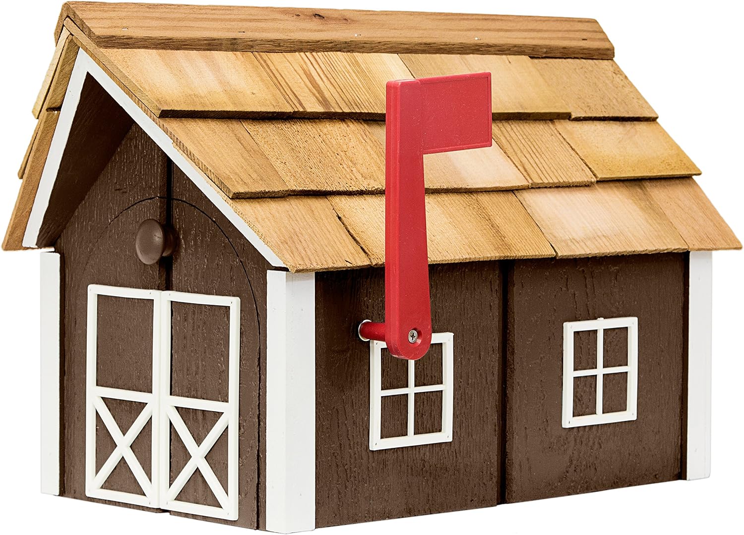 Amish-Made Deluxe Post Mount Wooden Mailbox with Cedar Shingles (Charcoal Brown with White Trim)