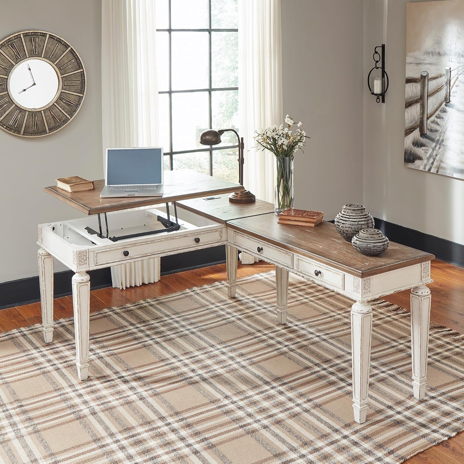 Signature Design by Ashley Realyn French Country 3-Drawer 2-Piece Home Office Desk with Spring Lift Top, USB Ports and AC Plug-Ins, Dark Brown & White