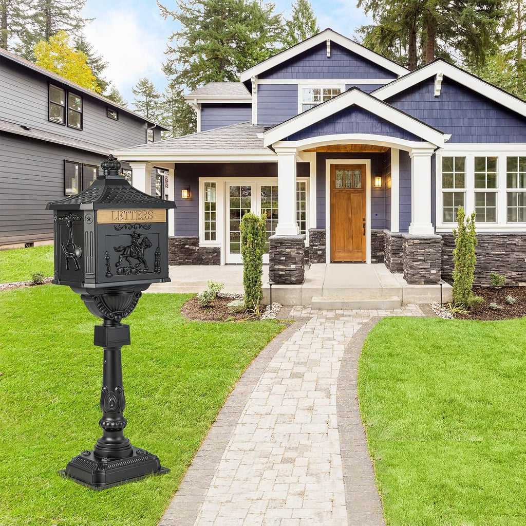 IRONMAX Mailbox for Outside, Locking Cast Aluminum Rural Security Postal Box with Keys, Heavy Duty Water-Resistant Mailbox with Post for Residential House, Black