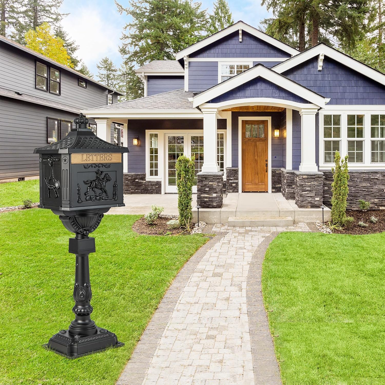 IRONMAX Mailbox for Outside, Locking Cast Aluminum Rural Security Postal Box with Keys, Heavy Duty Water-Resistant Mailbox with Post for Residential House, Black