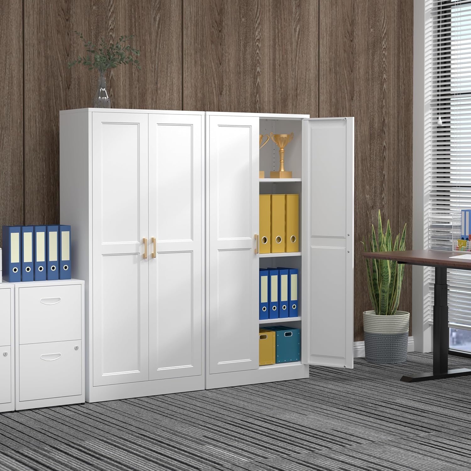 60' Tall Metal Pantry Cabinet, White Kitchen Pantry Storage Cabinet with 3 Adjustable Shelves and Gold Handles, Cupboard for Kitchen, Dining Room, Living Room, Bathroom