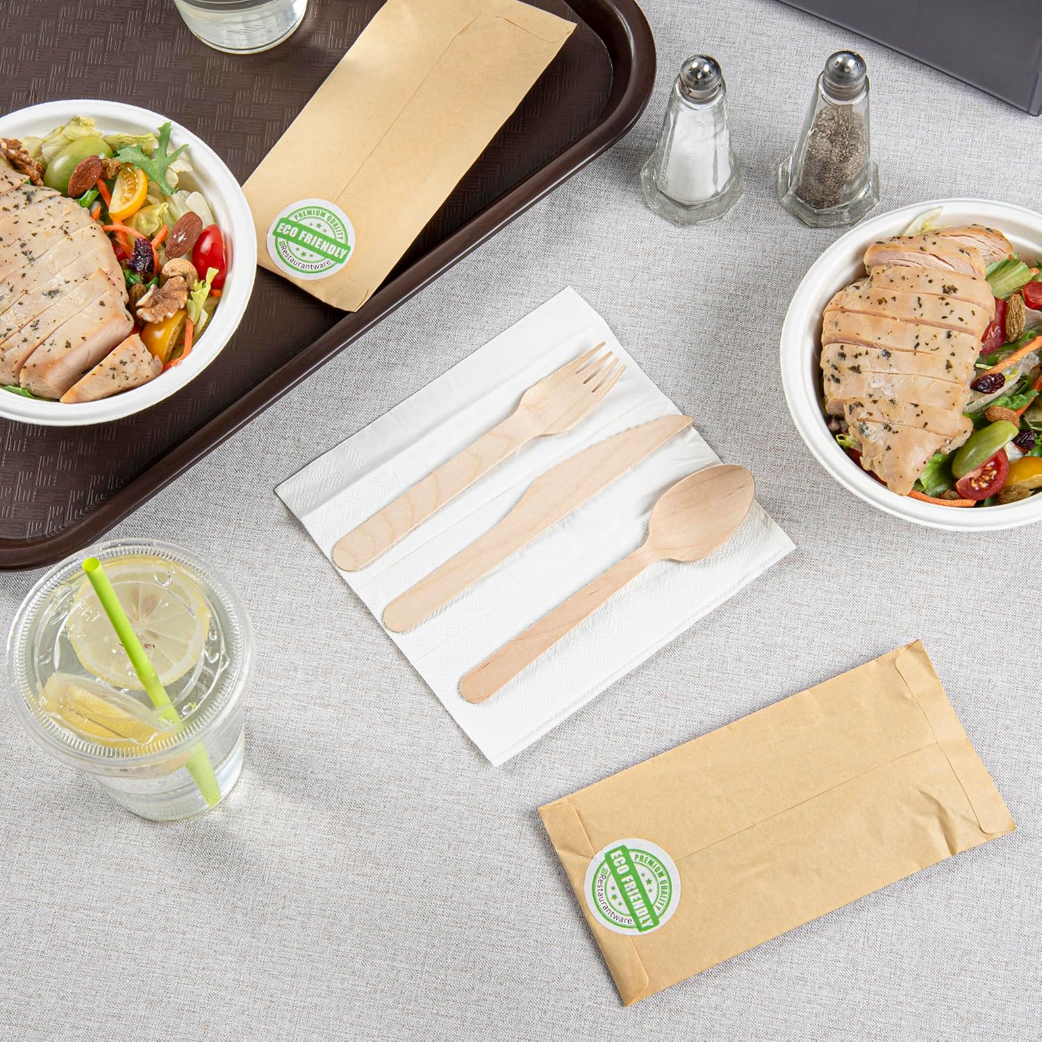 Restaurantware Eco Luxe 7 x 3.5 Inch Wooden Cutlery Set 100 Disposable Take Out Utensils - Includes White Napkin Prepackaged Birch Wood Utensil Sets Sustainable For Parties Or Picnics