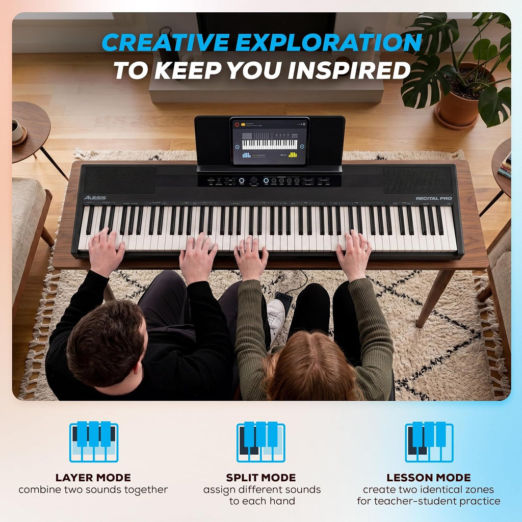 Alesis Recital Pro MKII 88-Key Digital Piano with Weighted Hammer-Action Keys, Speakers, 25 Sounds, USB MIDI and Audio, Sustain Pedal, Skoove and Melodics Piano Lessons