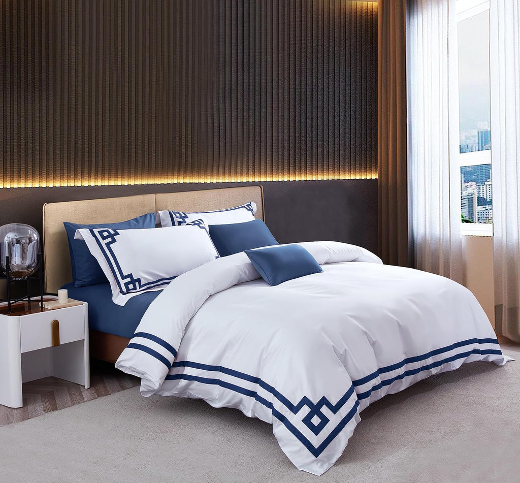 3 Pcs Do Not Include Filling Duvet Cover Set 100% Egyptian Cotton Sateen Luxury 400 TC (White Navy, Full)