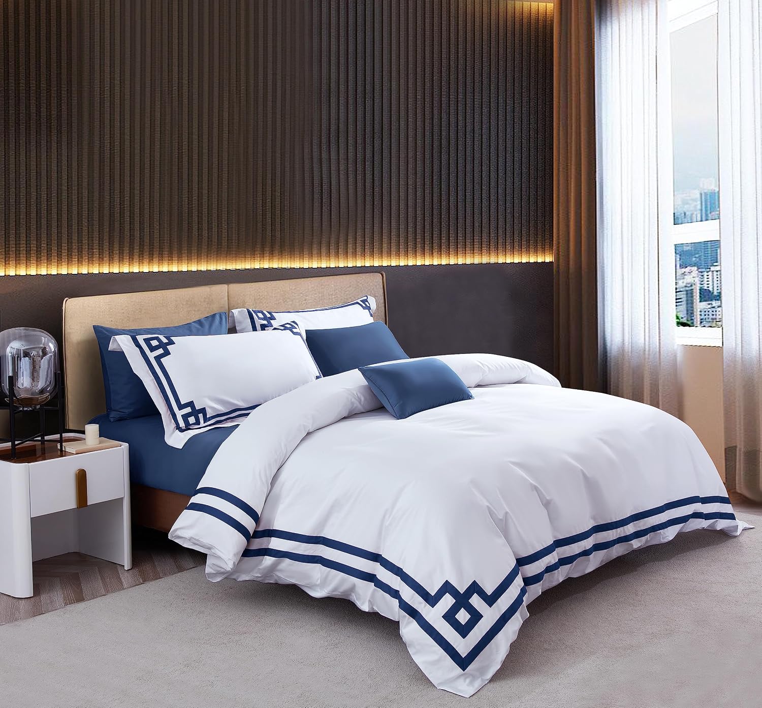 3 Pcs Do Not Include Filling Duvet Cover Set 100% Egyptian Cotton Sateen Luxury 400 TC (White Navy, Full)