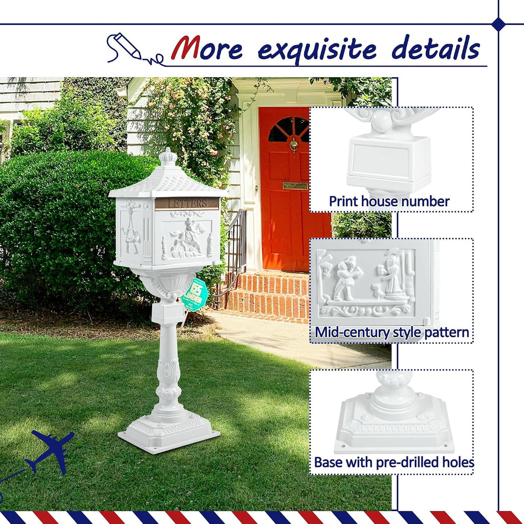 Retro Locking Mailboxes for Outside Aluminum Freestanding Mailbox with Post, Heavy Duty Mail Boxes for House with Post, White