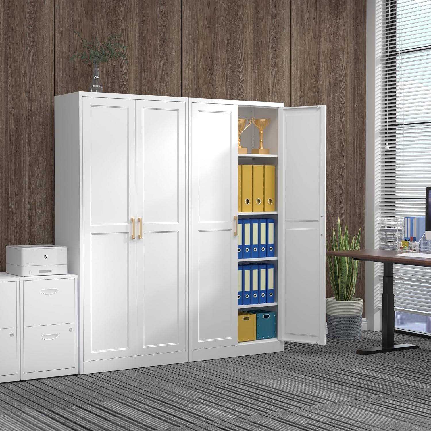 71' Tall Metal Pantry Cabinet, White Kitchen Pantry Storage Cabinet with 4 Adjustable Shelves and Gold Handles, Cupboard for Kitchen, Dining Room, Living Room, Bathroom