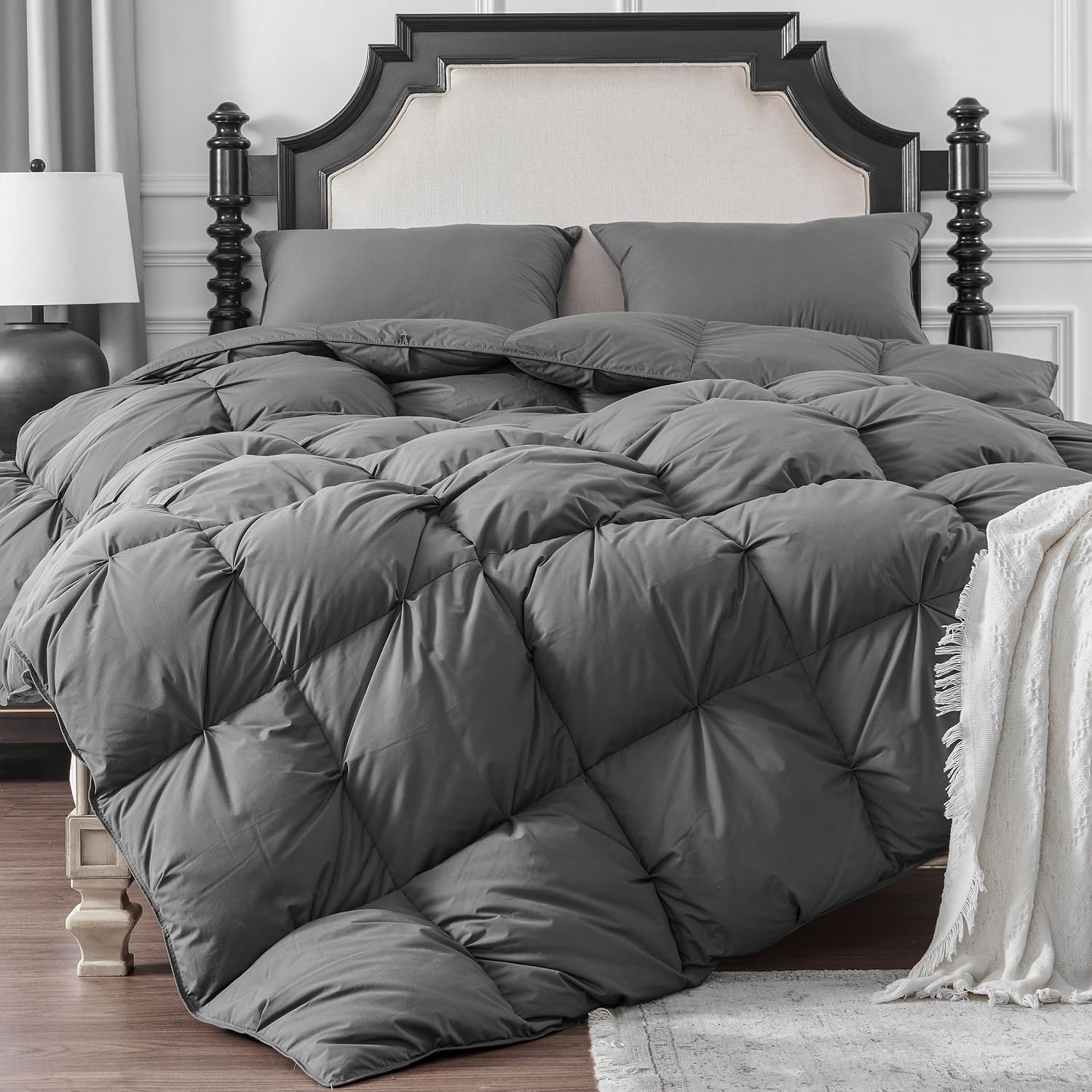 KAKABELL Pinch Pleat Goose Down Feathers Fiber Comforter King Size All Season-Ultra Soft and Cozy Noiseless Duvet Insert with Egyptian Cotton Blend Cover,Fluffy Warm Comforter Insert(Grey,90'X106')