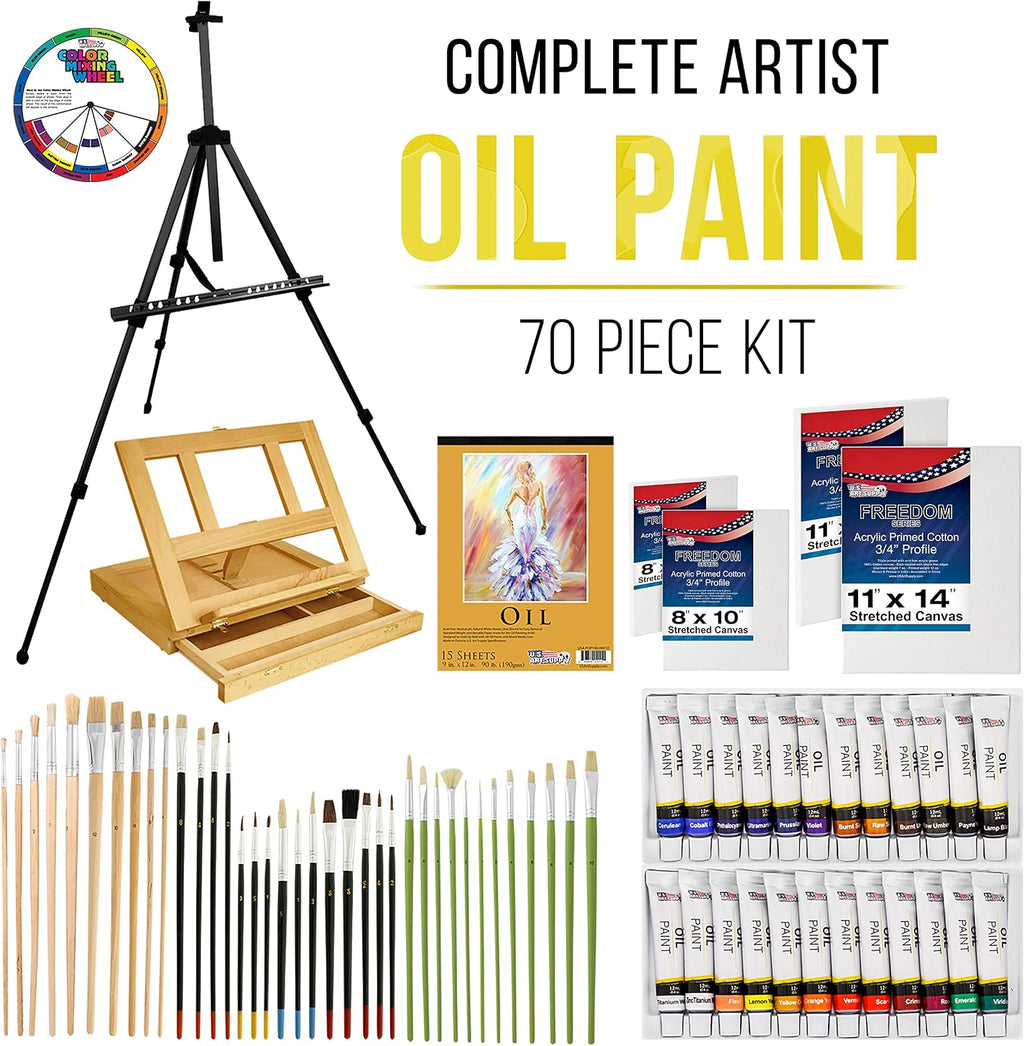 U.S. Art Supply 70-Piece Artist Oil Painting Set with Aluminum Field Easel, Wood Table Easel, 24 Oil Paint Colors, 37 Brushes, 2 Stretched Canvases, 6 Canvas Panels, Painting Pad, Palette & More