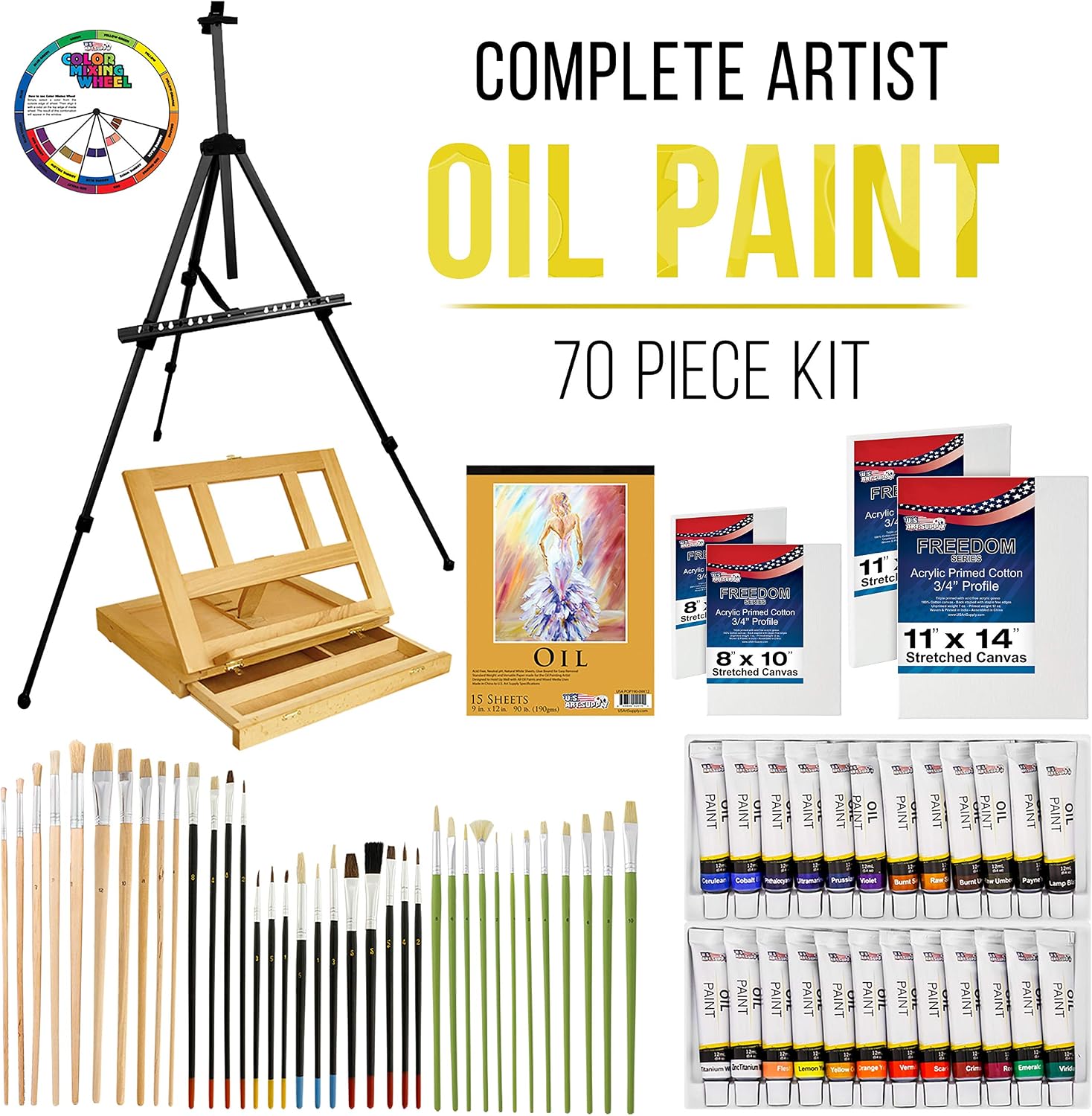 U.S. Art Supply 70-Piece Artist Oil Painting Set with Aluminum Field Easel, Wood Table Easel, 24 Oil Paint Colors, 37 Brushes, 2 Stretched Canvases, 6 Canvas Panels, Painting Pad, Palette & More