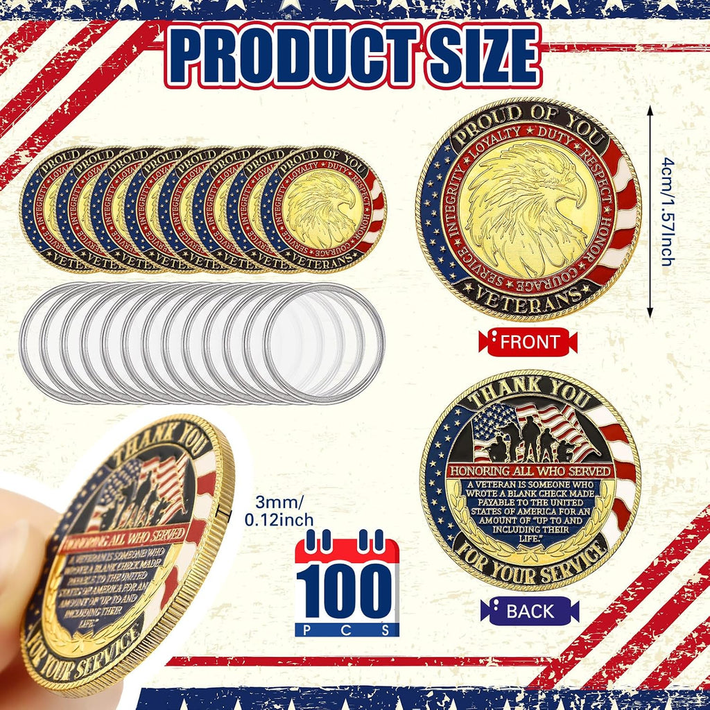 Siifert 100 Pcs Military Challenge Coins Independence Day Veteran Commemorative Thank You for Your Service Round Metal Christian Coin for Collectors Military Church School Party Collectible Souvenir