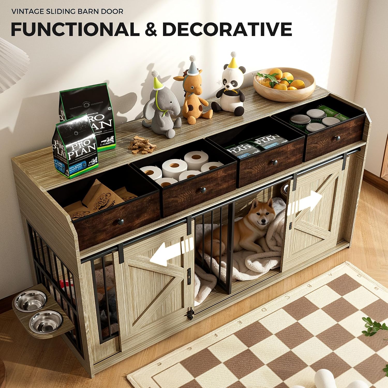 63' Double Dog Crate Furniture – Wooden Dog Kennel Indoor with Sliding Doors, Adjustable Bowls & Storage Drawers – Large Dog Crate TV Stand for 2 Dogs, Beige Wood Grain
