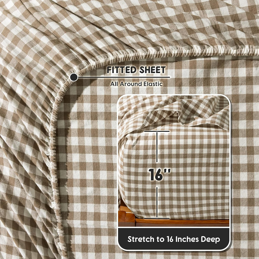 SONORO KATE 100% French Pure Linen Sheets, Breathable and Durable Linen Queen Size Sheets, Anti-Tear Linen Bed Sheets, Machine Washable, 16 Inch Deep Pocket - 4 Piece (Brown & White Plaid)