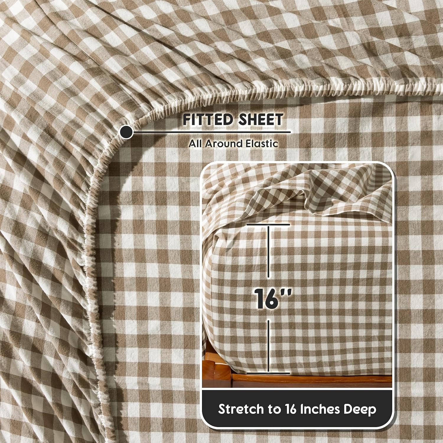 SONORO KATE 100% French Pure Linen Sheets, Breathable and Durable Linen Queen Size Sheets, Anti-Tear Linen Bed Sheets, Machine Washable, 16 Inch Deep Pocket - 4 Piece (Brown & White Plaid)