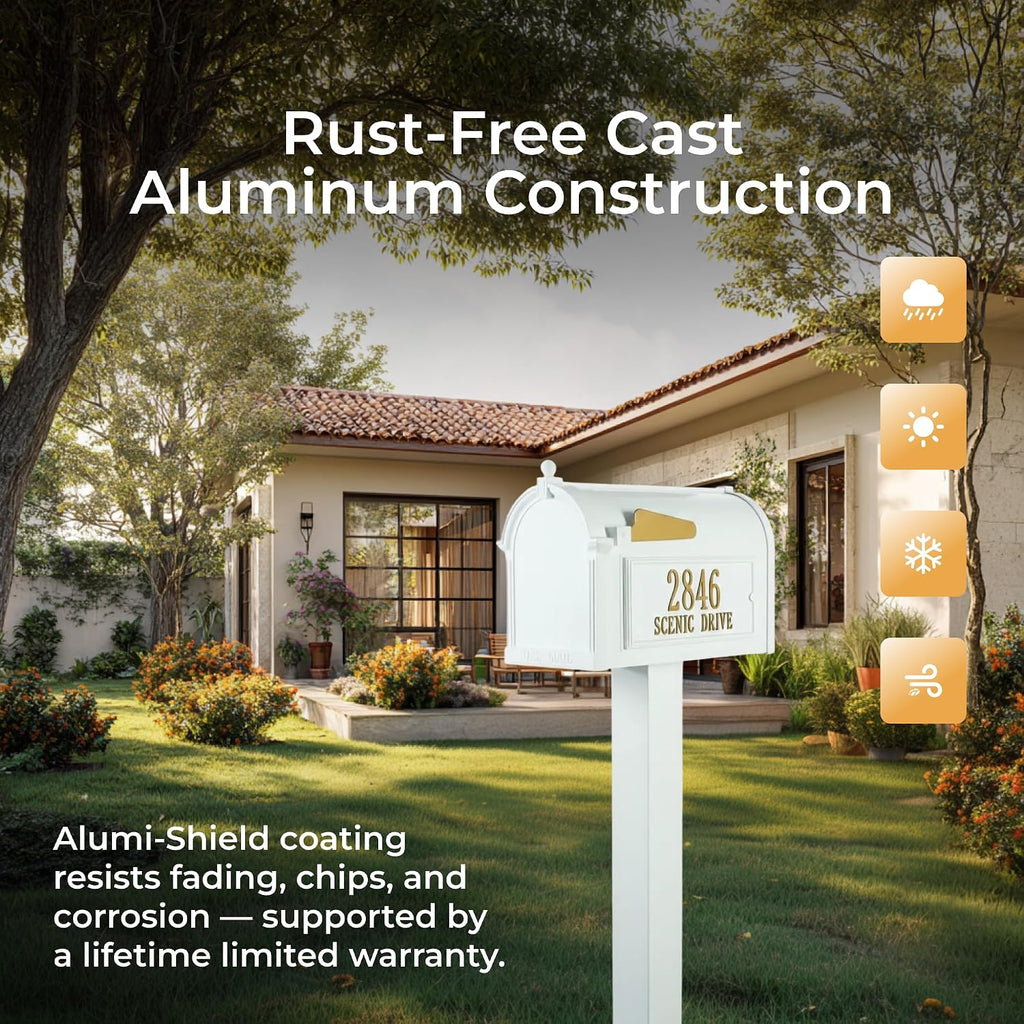 Whitehall Products Premium Capitol Mailbox Package with Personalized Side Plaques | Standard Post Fashion and Function with a Classic Design. While Enhancing The Curb Appeal of Your Home. White