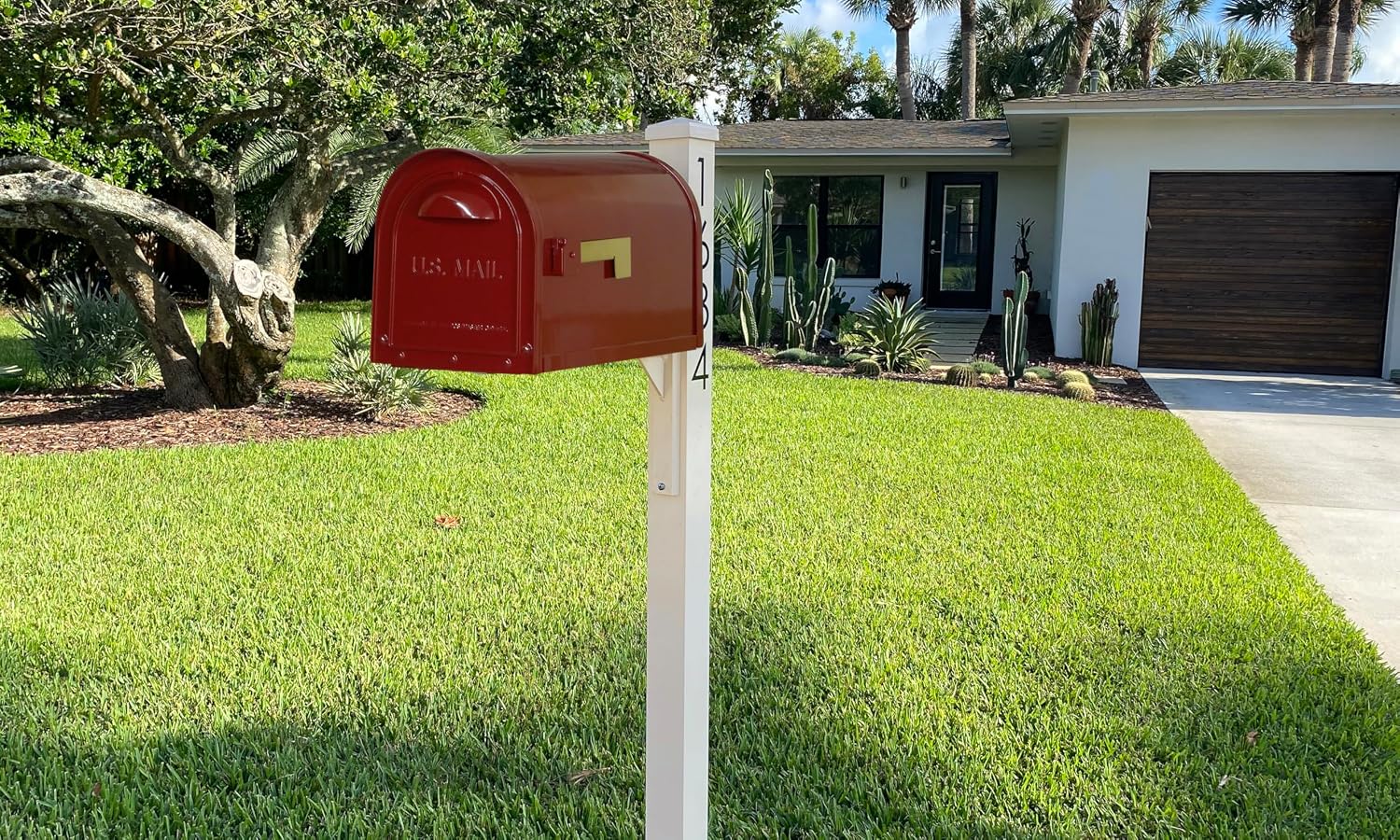 Special Lite Mid Modern Dylan Curbside Mailbox with Wellington Post - Wine Aluminum Mailbox with Post - SCD1008WIN_SPK720IVR_VN