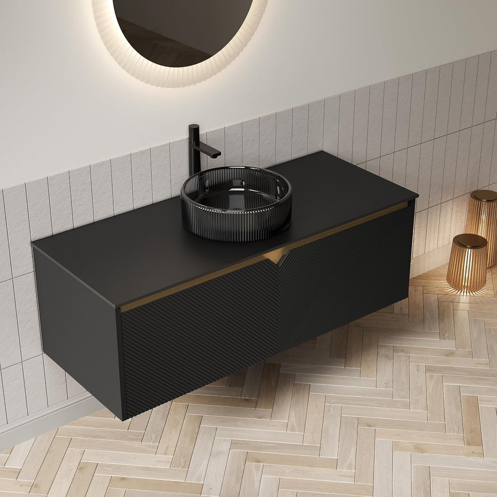 48 Inch Bathroom Vanity with Sink, Floating Fluted Vanity with Vessel Sink, Modern Wall Mounted Bathroom Vanity Cabinet with 2 Doors, Glass Vessel Sink & Sintered Stone Top, Black