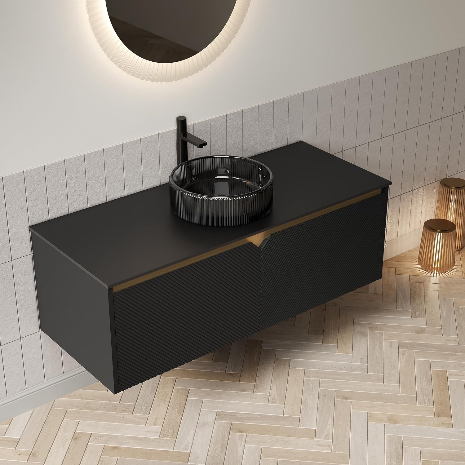 48 Inch Bathroom Vanity with Sink, Floating Fluted Vanity with Vessel Sink, Modern Wall Mounted Bathroom Vanity Cabinet with 2 Doors, Glass Vessel Sink & Sintered Stone Top, Black