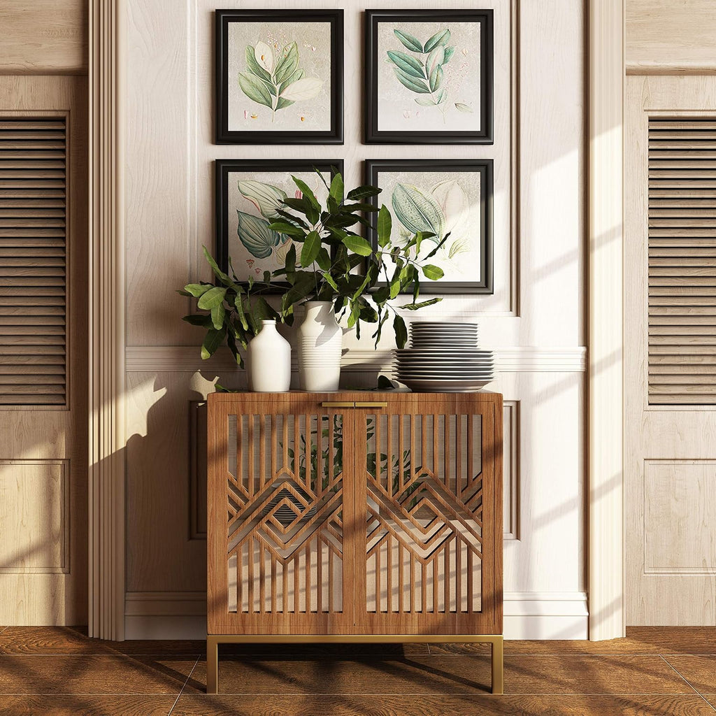 COZAYH 2 Door Accent Cabinet, Wood Sideboard Storage Furniture with Modern Geometric Mirror Front, Freestanding Home and Kitchen Cabinet, Brown/Silver