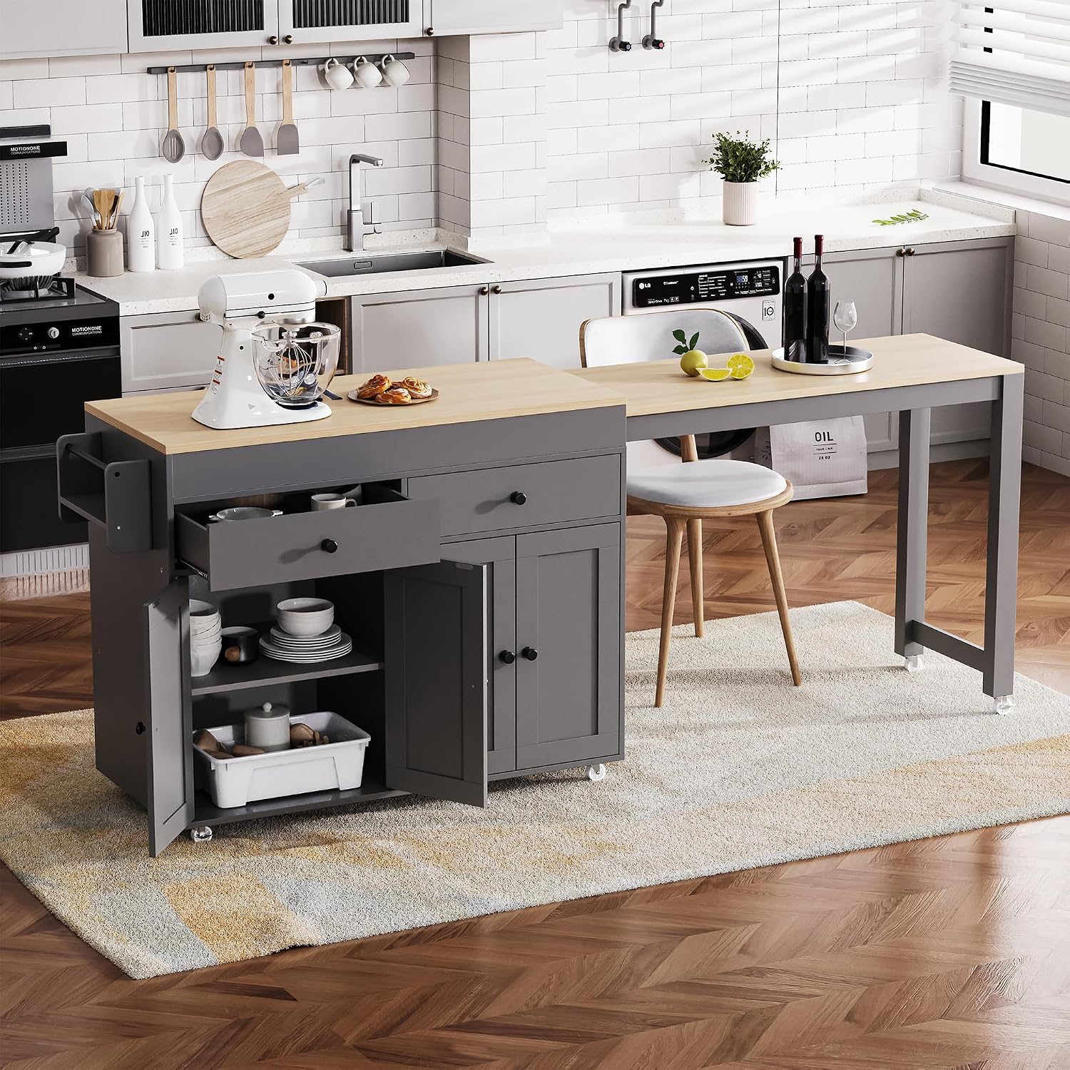 RUNNA 74.5 inch Modern Grey Kitchen Island with Extendable Dining Table, Rolling Storage Cart with 4 Door Cabinet, Spice Rack, 2 Drawers, for Kitchen, Dining Room